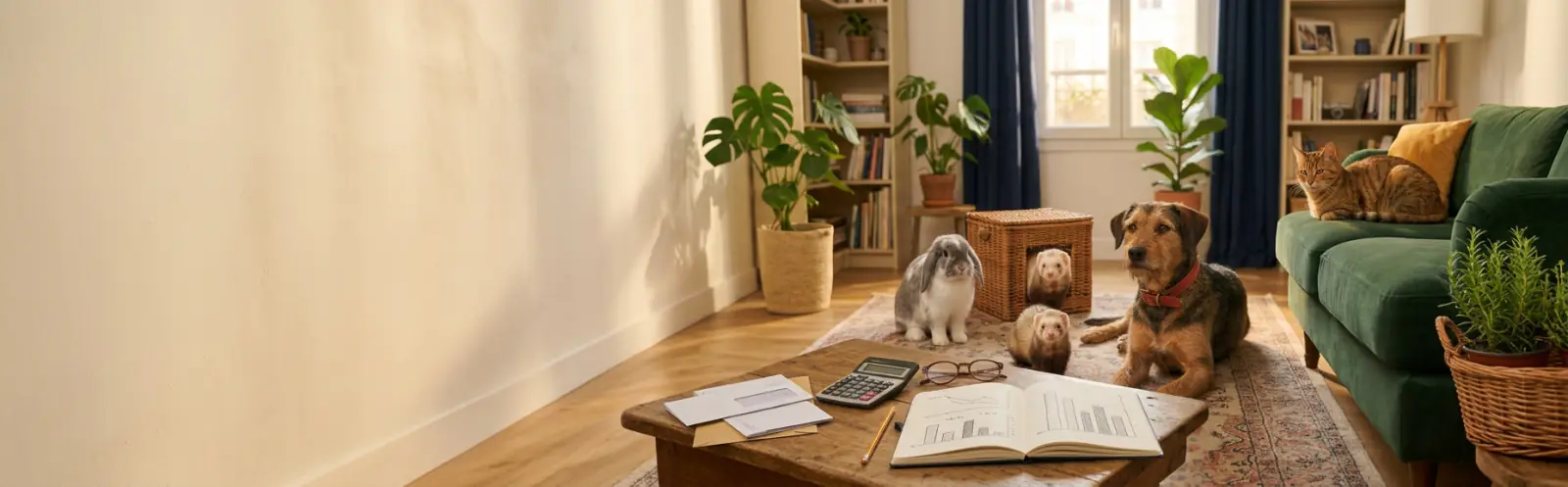 Un chien, un chat, un lapin et deux furets dans un salon ; sur la table basse, une calculatrice, des courriers et un carnet de graphiques.